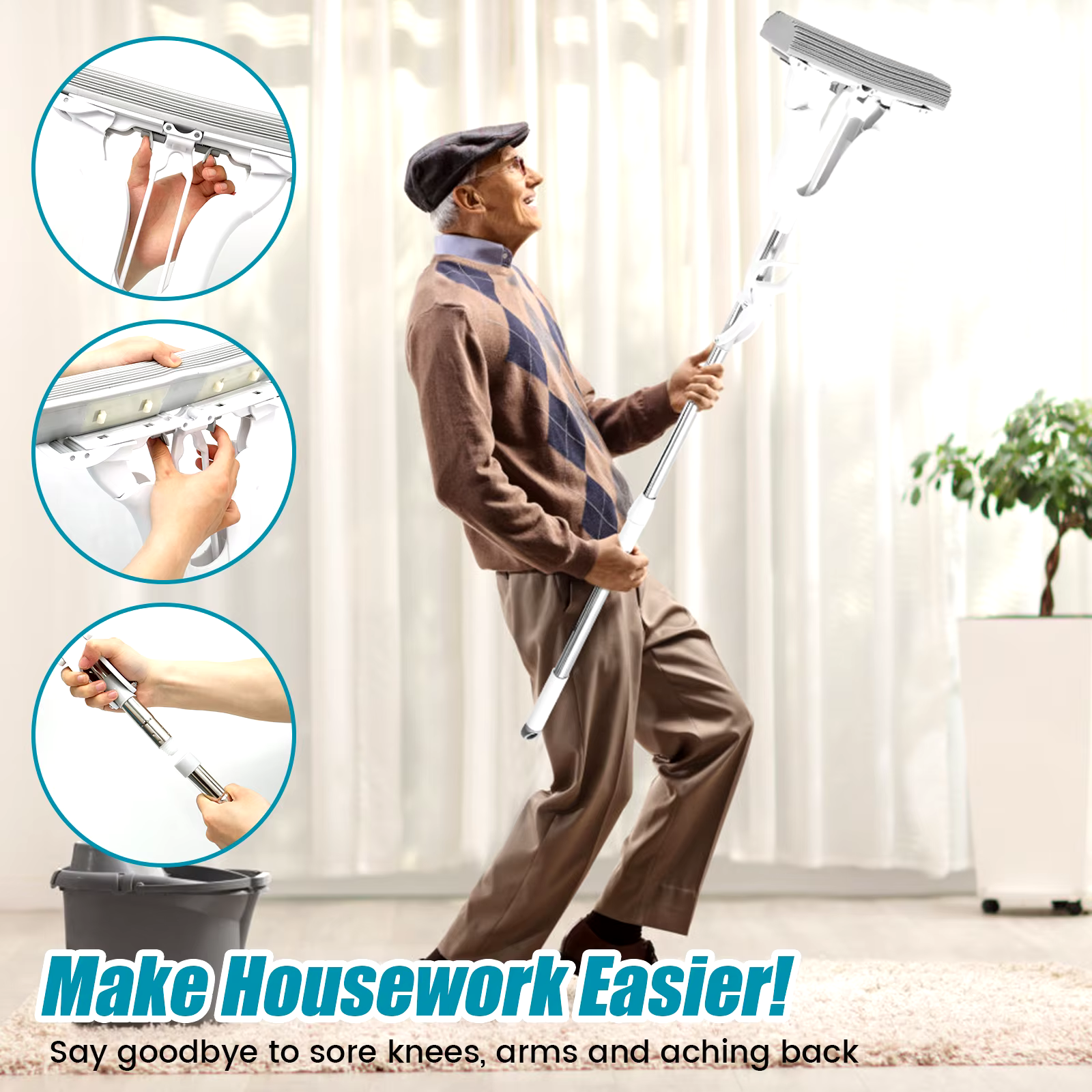 PVA Sponge Mop with Adjustable Handle and Self-Wringing