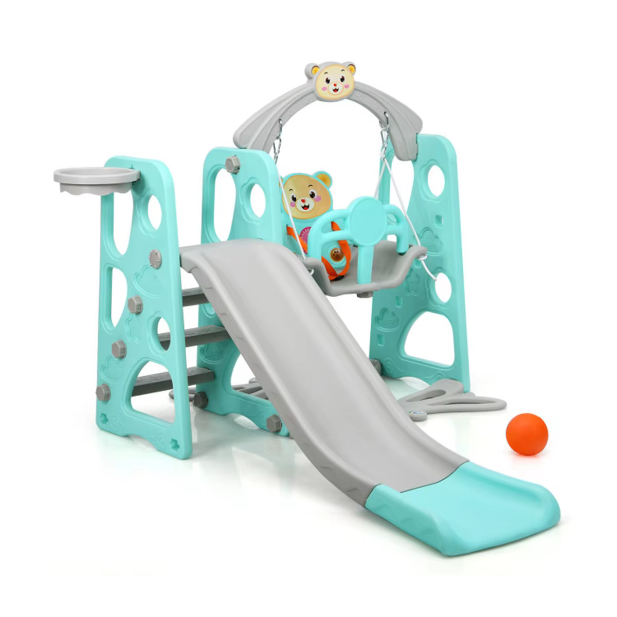3 in 1 Indoor Bear Plastic Slide Basketball And Swing